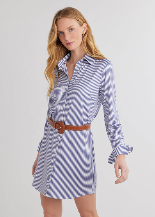 Beaufort Shirtdress in Luxe Stretch (Blue Pinstripe)